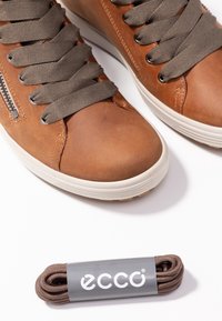 Baskets en cuir marron avec de larges lacets marron foncé et des fermetures éclair latérales, présentées avec une paire supplémentaire de lacets ronds marron sur fond blanc.