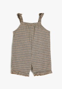 Rutigt bomullsromper med volangaxlar, med en plisserad framdel och scalloped nederkant, i bruna, svarta och krämiga färger.