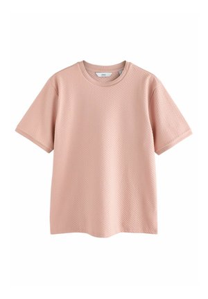 Kurzarm-T-Shirt in sanftem Rosa mit strukturiertem Wabenmuster, Rundhals und geradem Schnitt. Aus atmungsaktivem Stoff gefertigt.