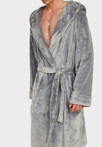 Gray fleece bathrobe with a hood, long sleeves, and a waist tie. Soft texture and solid color. Features a deep V-neck design.