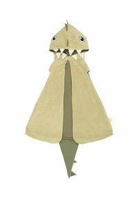 Capa verde de felpa con capucha de monstruo, con ojos grandes, dientes triangulares y cola puntiaguda. Textura suave y diseño divertido.