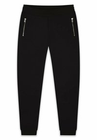 Black jogger pants with ribbed waistband and cuffs, featuring two zippered front pockets. Smooth fabric texture and tapered leg design.