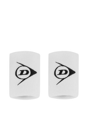 Coppia di polsini bianchi con il logo Dunlop nero ricamato su ciascuno, mostrati su uno sfondo bianco semplice.