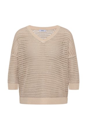 Pull beige en maille à col en V avec manches trois-quarts et motif ajouré, poignets et ourlet côtelés.