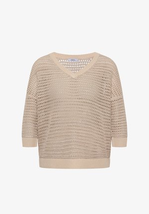 Beżowy sweter z dzianiny z dekoltem w serek, rękawami do łokcia i ażurowym wzorem, zakończony ściągaczami na mankietach i dole.