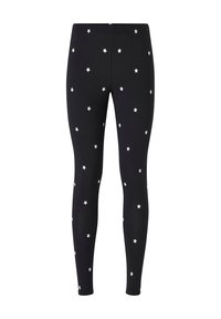 Sorte leggings med elastisk talje, prydet med et stjernemønster i hvid, lavet af et strækbart stof for komfort og pasform.
