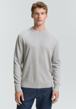 Gray crewneck sweater in a soft knit fabric; features ribbed cuffs and hem, with a relaxed fit and classic design.