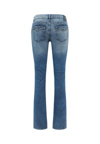 Blue denim flared jeans feature a medium wash with fading, dual back pockets, and a standard waistband with hardware accents.