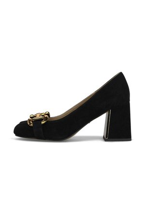 Schwarzer Wildleder-Pumps mit Blockabsatz, goldener Kettendetail vorne und abgerundeter Spitze.