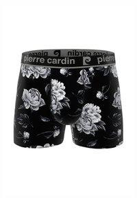 Boxer noir avec un motif floral en blanc et gris, doté d'une ceinture grise portant le texte « pierre cardin ». Tissu doux avec une légère élasticité.