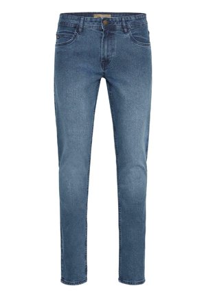 Donkerblauwe denim jeans, slim fit, met vijf zakken, een knoopsluiting en zichtbare stiksels. De stof lijkt glad met een lichte textuur.
