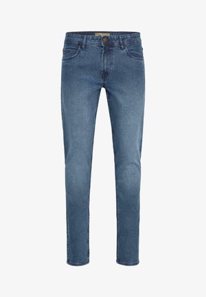 Blugi din denim de culoare bleu închis, slim fit, cu design cu cinci buzunare, închidere cu buton și cusături vizibile. Țesătura pare netedă cu o ușoară textură.