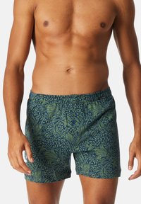 Boxers de algodón azules con un patrón de hojas verdes, que presentan una cinturilla elástica y un solo botón en la parte delantera.