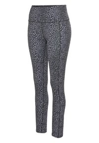 Zwarte en grijze legging met luipaardprint, met een hoge tailleband, gemaakt van rekbare stof, met een gladde textuur en een aansluitend ontwerp.