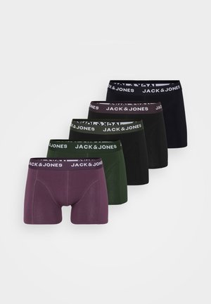 Fünf Paar Boxershorts in Lila, Grün, Schwarz und Anthrazitgrau. Jede hat einen elastischen Bund mit Branding, auf dem "JACK & JONES" steht.