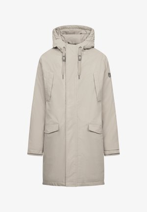 Beige parka jacket featuring a hood, two front pockets, and ribbed cuffs. Made of durable fabric with a smooth texture.