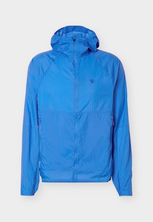 Lightweight blue hooded jacket with front zipper and two zipped side pockets, designed for outdoor wear.