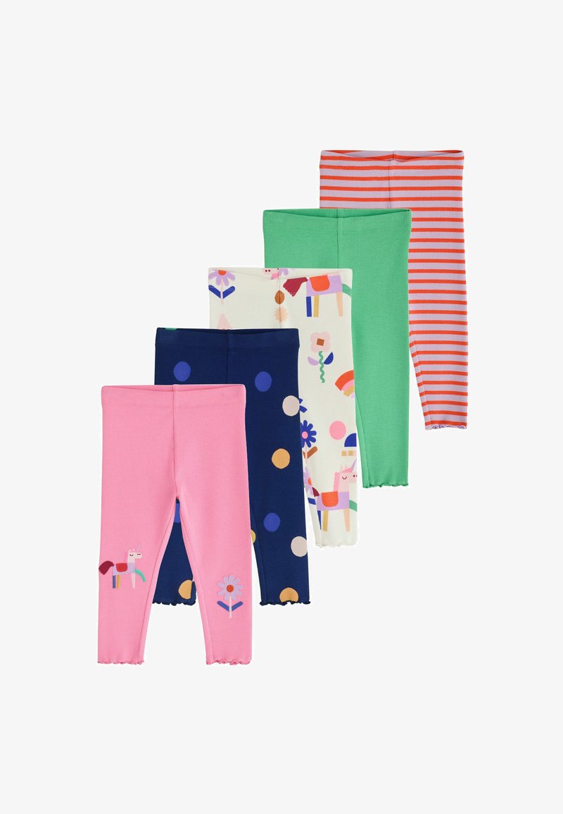Five pairs of colorful children's leggings with various patterns including stripes, solid green, polka dots, animal prints, and flower embroidery.