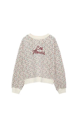 Weißes Sweatshirt mit langen Ärmeln, kleinem roten und grünen Blumenmuster, crèmefarbenen gerippten Bündchen und Saum sowie der Stickerei "Les Fleurs" in Rot auf der Vorderseite.
