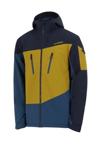 Hættejakke med farveblokdesign i marineblå og sennepsgul, med lynlåslommer foran og et glat, holdbart stof.