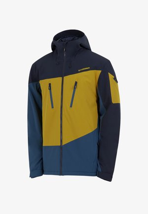 Hættejakke med farveblokdesign i marineblå og sennepsgul, med lynlåslommer foran og et glat, holdbart stof.