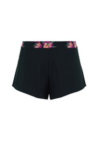 Shorts de bain noirs avec une taille à motif floral dans des nuances de rose et de vert. Le design comprend une coupe évasée pour faciliter les mouvements.