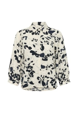 Bijela teksturirana bluza s crnim cvjetnim uzorkom, dugim naboranim rukavima, prednjim gumbima i šiljastim ovratnikom.