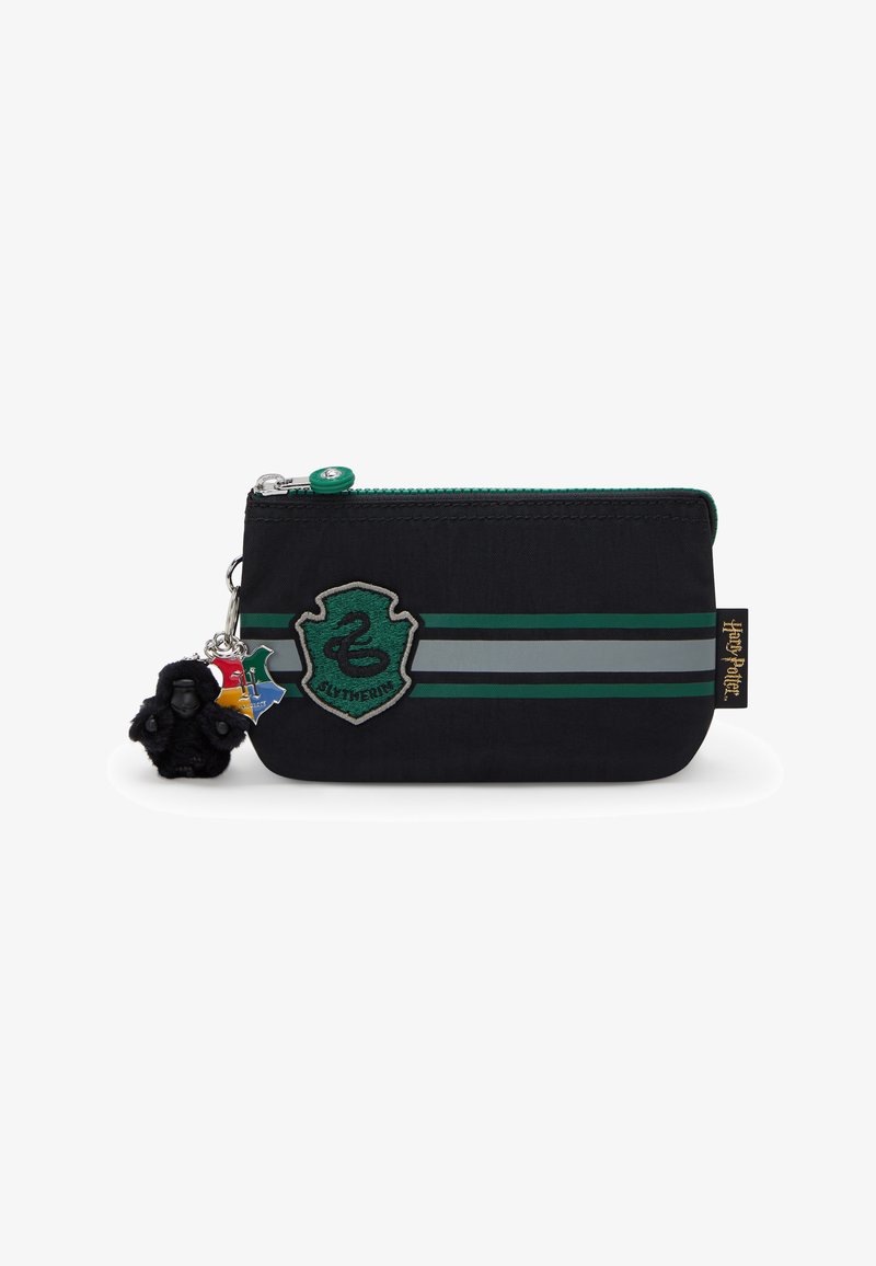 Black fabric pouch with a Slytherin emblem, green and silver stripes, green zipper, and a black fluffy charm attached.