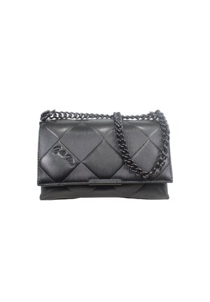 Black quilted leather clutch with chain strap, featuring diagonal stitching and embossed brand logos on front flap.