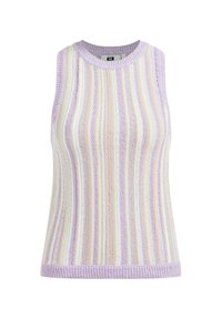 Hihaton neulepaita, jossa on pystysuoria raitoja laventelin, valkoisen ja keltaisen sävyissä. Kangas on teksturoitu ja siinä on resorinen pääntie ja helmassa.