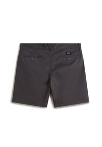 Dunkelgraue Shorts mit glatter Textur, ausgestattet mit zwei Gesäßtaschen mit Knöpfen und einem kleinen Markenetikett am Bund.