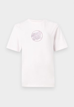 Bílý bavlněný tričko s krátkým rukávem, se zakulaceným růžovým vyšitým logem se stylizovaným textem uprostřed.