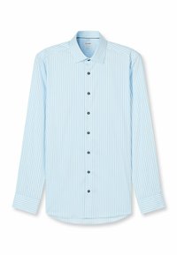 Hellblaues Langarmhemd mit vertikalen weißen Streifen, Knopfleiste am Kragen und marineblauen Knöpfen. Weicher Stoff mit glatter Textur.