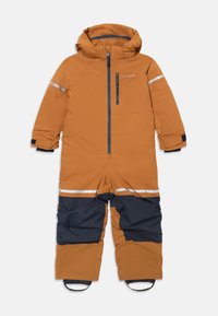 Hnedý a námornícky modrý zateplený jednorázový snowsuit s kapucňou, reflexné pruhy na rukávoch a nohách, predný zips a nastaviteľné zápästné pásky.
