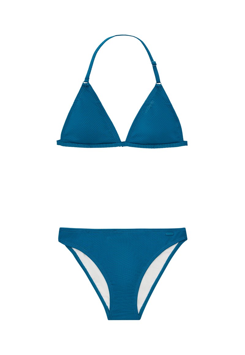 Completo bikini color teal con top triangolare testurizzato e spalline regolabili, accompagnato da uno slip a vita bassa coordinato, entrambi foderati di bianco.