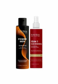 Two hair care products: a black cylindrical shampoo bottle with orange accents labeled "Power Men" and a red spray bottle labeled "15 in 1 Hair Renewal."