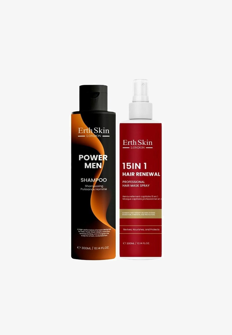 Two hair care products: a black cylindrical shampoo bottle with orange accents labeled "Power Men" and a red spray bottle labeled "15 in 1 Hair Renewal."