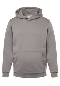 Grijze hoodie van zacht materiaal met een buidelzak, elastische manchetten en een capuchon. Bevat minimale branding op de mouw.