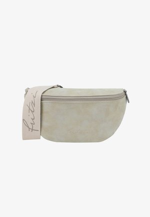Beige faux leather fanny pack with a smooth texture, curved shape, and a zipper closure, featuring a beige fabric strap with printed text.