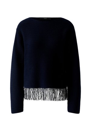 Marineblauwe gebreide trui met lange mouwen en franjerand langs de onderzoom.