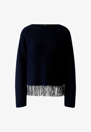 Marineblauwe gebreide trui met lange mouwen en franjerand langs de onderzoom.