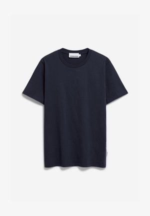 Marineblaue Baumwoll-T-Shirt mit Rundhalsausschnitt, kurzen Ärmeln und geradem Saum. Verfügt über ein dezentes Markenetikett an der Seitennaht.