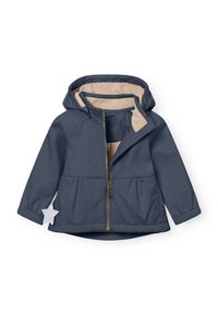 Veste bleu marine avec une capuche doublée beige, fermeture éclair devant et taille peplum. Dispose de poignets élastiques et d'une étiquette amovible en forme d'étoile.
