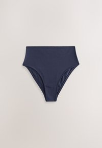 Slip bikini da donna blu navy a vita alta con tessuto liscio, senza motivi o decorazioni visibili, distesi su una superficie chiara.