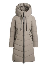 Beige gepolsterter Mantel mit großer Kapuze, vorderem Reißverschluss und zwei seitlichen Taschen. Steppnähte bilden ein Chevron-Muster. Mit Kordelzug-Accessoires.