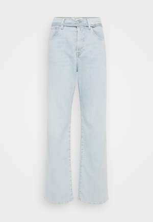 Lysblå denim brede bukser med høj talje, fem lommer og standard syninger. Har en knap og lynlås lukning.