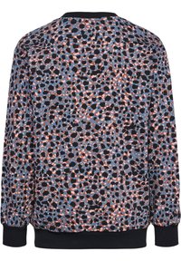 Fleecefleece sweatshirt i flera färger med ett mönster av svarta, blå och rosa prickar. Har ribbade mudd och krage. Mjuk textur överlag.