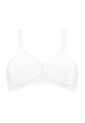 Witte bh met een ribbeltextuur, gladde cups, verstelbare straps en een naadloos ontwerp. Voorzien van een sluiting aan de voorkant voor gemakkelijke toegang.