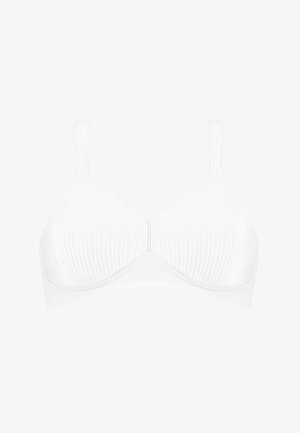 Hvid bh med ribbet tekstur, glatte skåle, justerbare stropper og et sømløst design. Har en lukning foran for nem adgang.