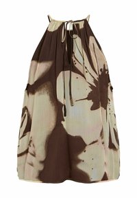 Robe sans manches à col licou avec grand imprimé floral marron et crème et fermeture à nouer au niveau du cou.